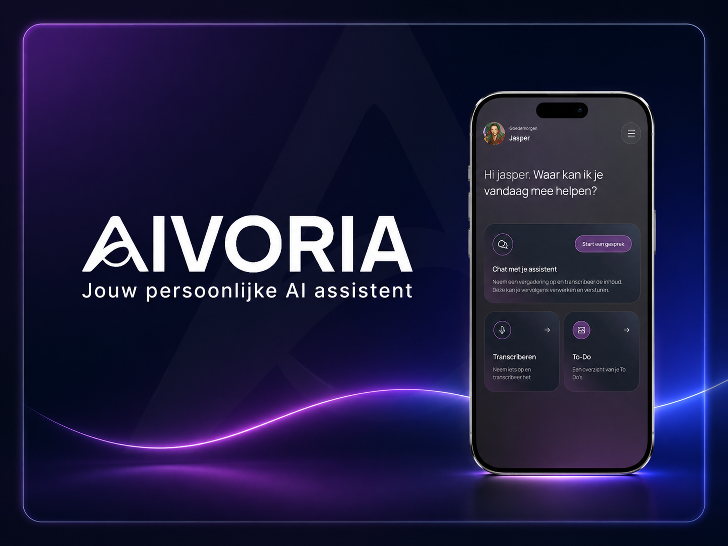 Aivoria AA mobiele app — chat met je AI assistent, transcriberen en to-do's